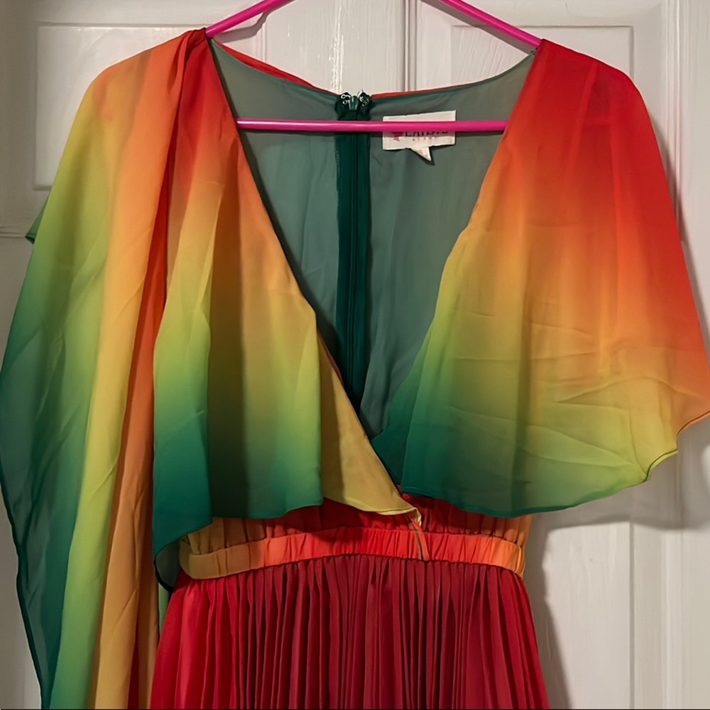 L'ATISTE BY AMY Red and Green One Shoulder Flutter Sleeve Maxi Dress - Picture 10 of 10